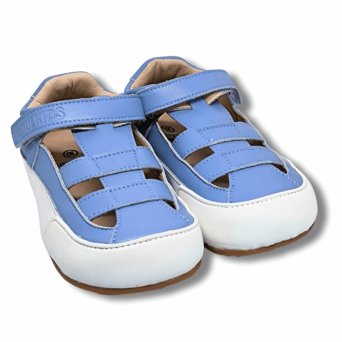 Sandalia ergonómica barefoot Oasis Celeste para niños vista ambas en diagonal.