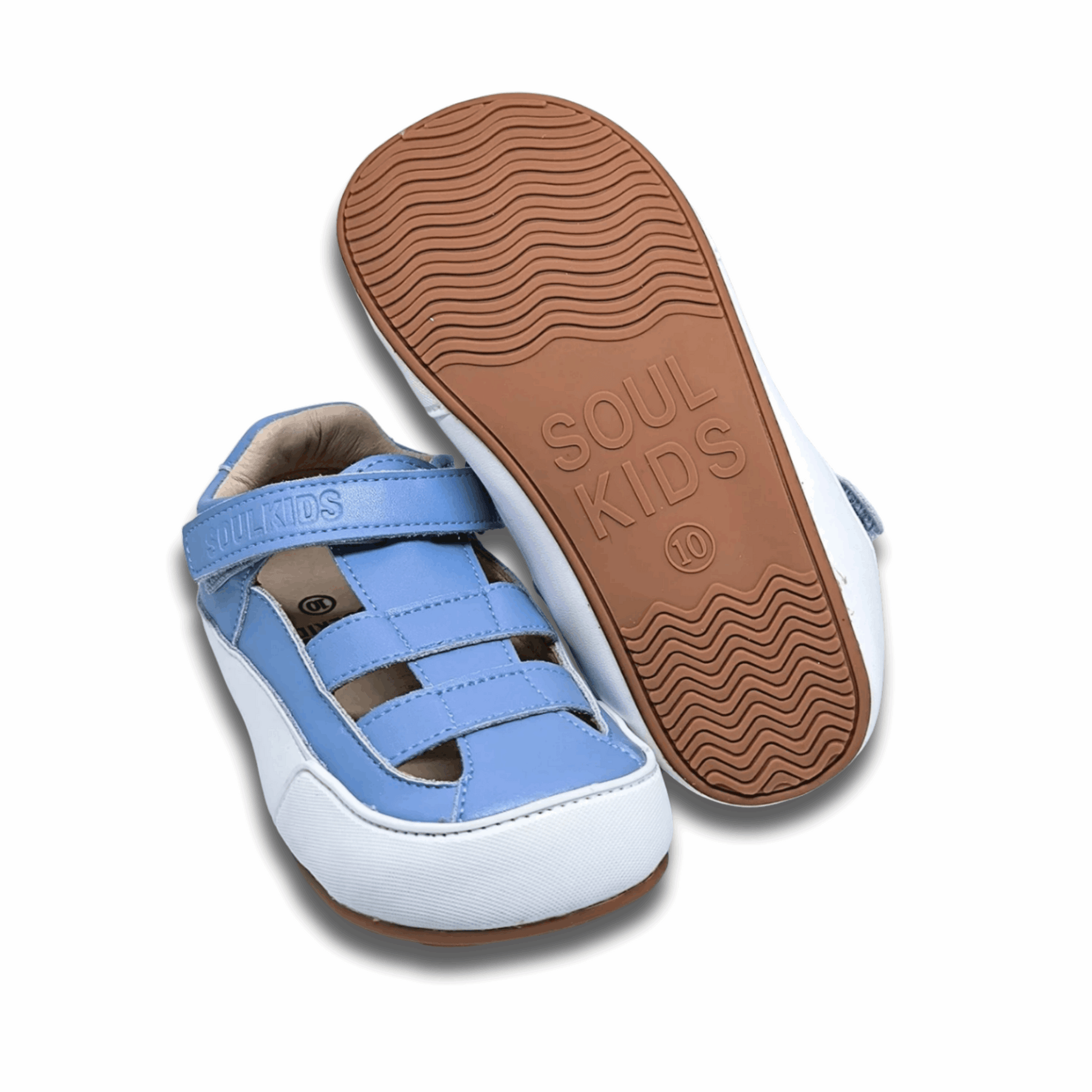 Sandalia ergonómica barefoot Oasis Celeste para niños vista diagonal y suela 