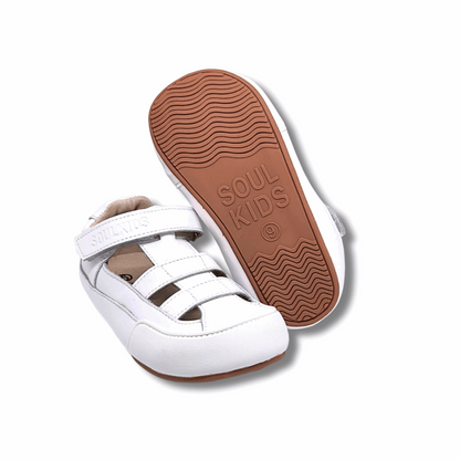 Sandalia ergonómica barefoot Oasis Blanca para niños vista ambas en diagonal y suela 