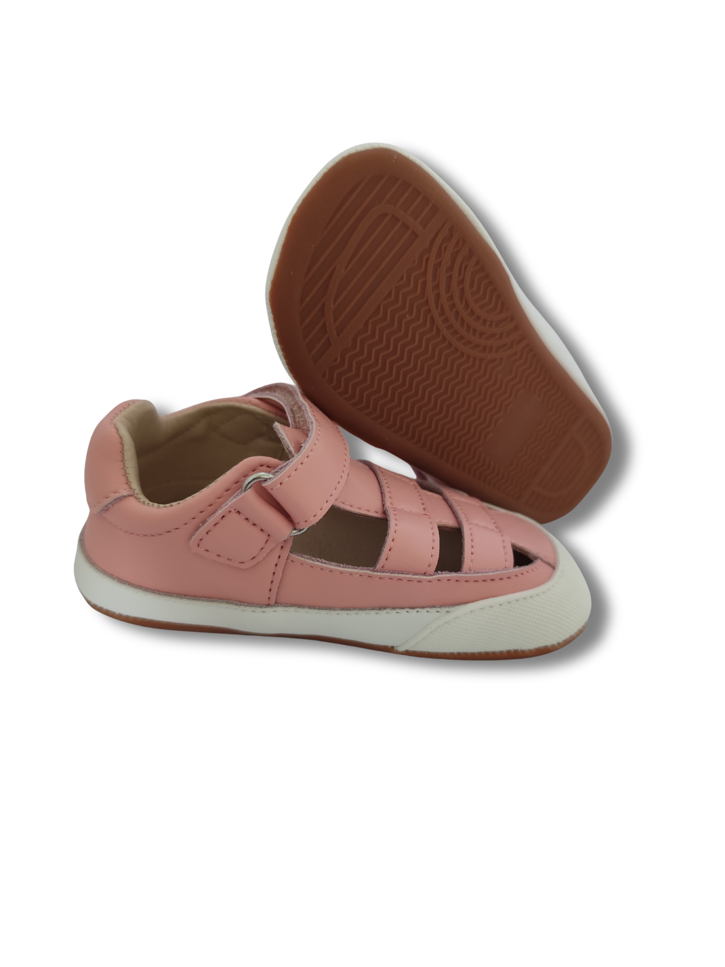 Sandalia ergonómica barefoot Pioneros Rosada para bebes vista lateral y Suela