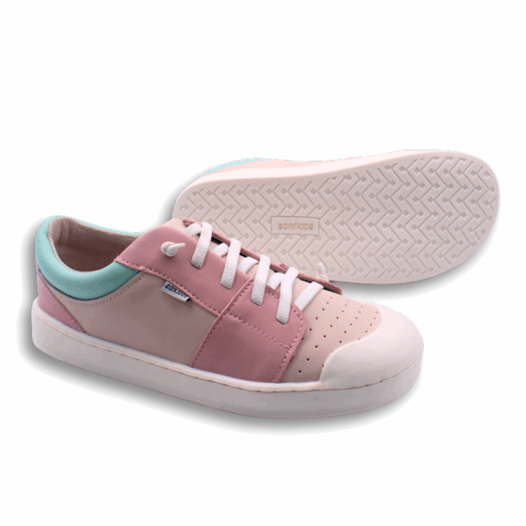 Zapatilla ergonómica barefoot Arrayan Rosada verde para niñas vista Lateral y suela 