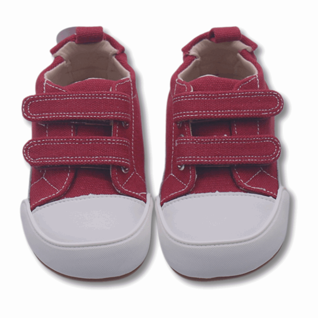 Zapatilla ergonómica barefoot Oasis Lona Burdeo punta blanca unisex vista Frontal ambos pies.