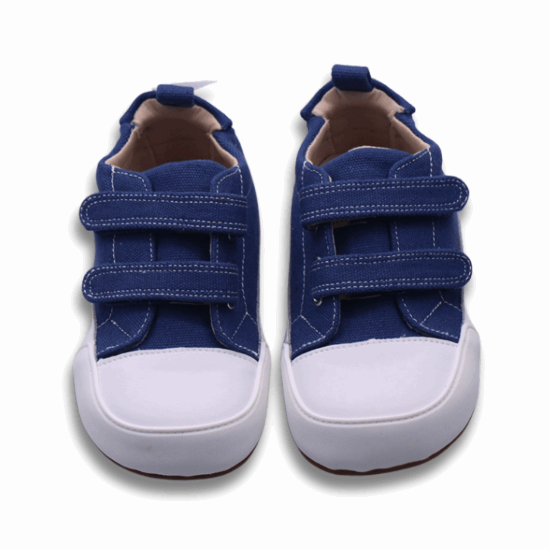 Zapatilla ergonómica barefoot Oasis Lona Jeans punta blanca unisex vista frontal ambos pies.