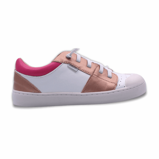 Zapatilla ergonómica barefoot Arrayan blanco bronce fucsia para niñas vista lateral 