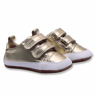 Zapatilla Ergonómica Pioneros 2 dorado gold vista ambas en diagonal 