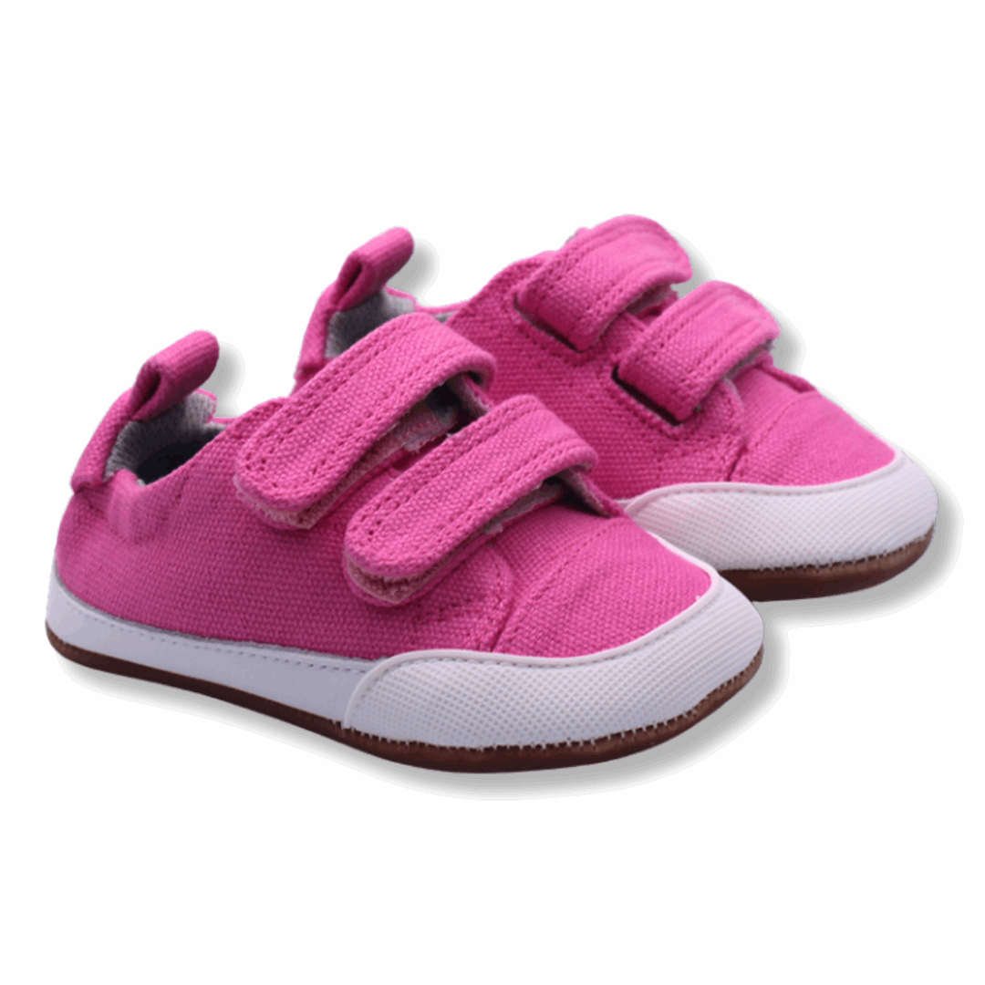 Zapatilla ergonómica barefoot Pioneros 2 (lona) Frambuesa para niñas vista ambos pies 