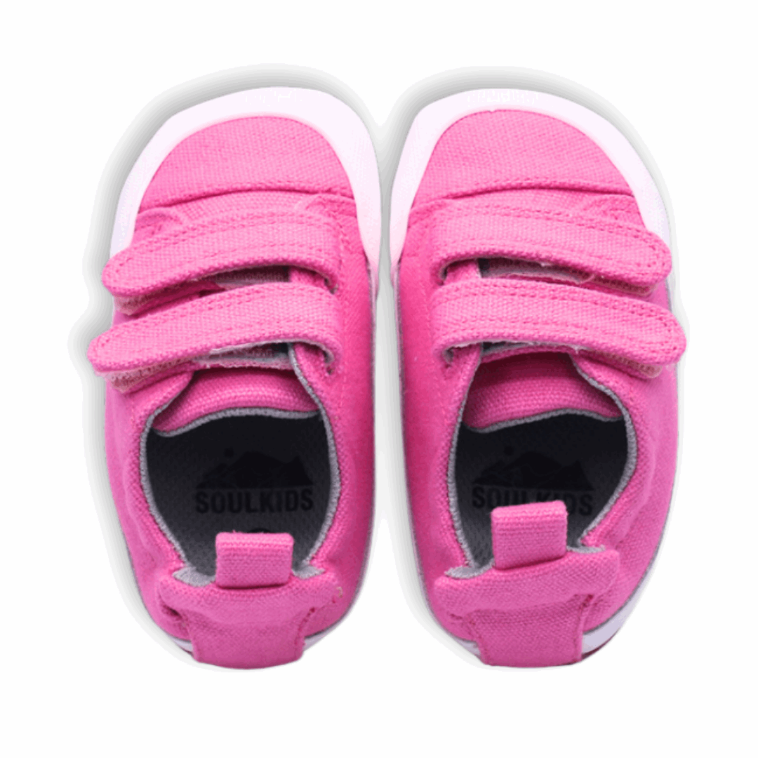 Zapatilla ergonómica barefoot Pioneros 2 (lona) Frambuesa para niñas vista ambos pies desde arriba