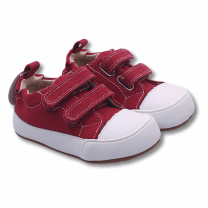 Zapatilla ergonómica barefoot Oasis Lona Burdeo punta blanca unisex vista en Diagonal ambos pies.