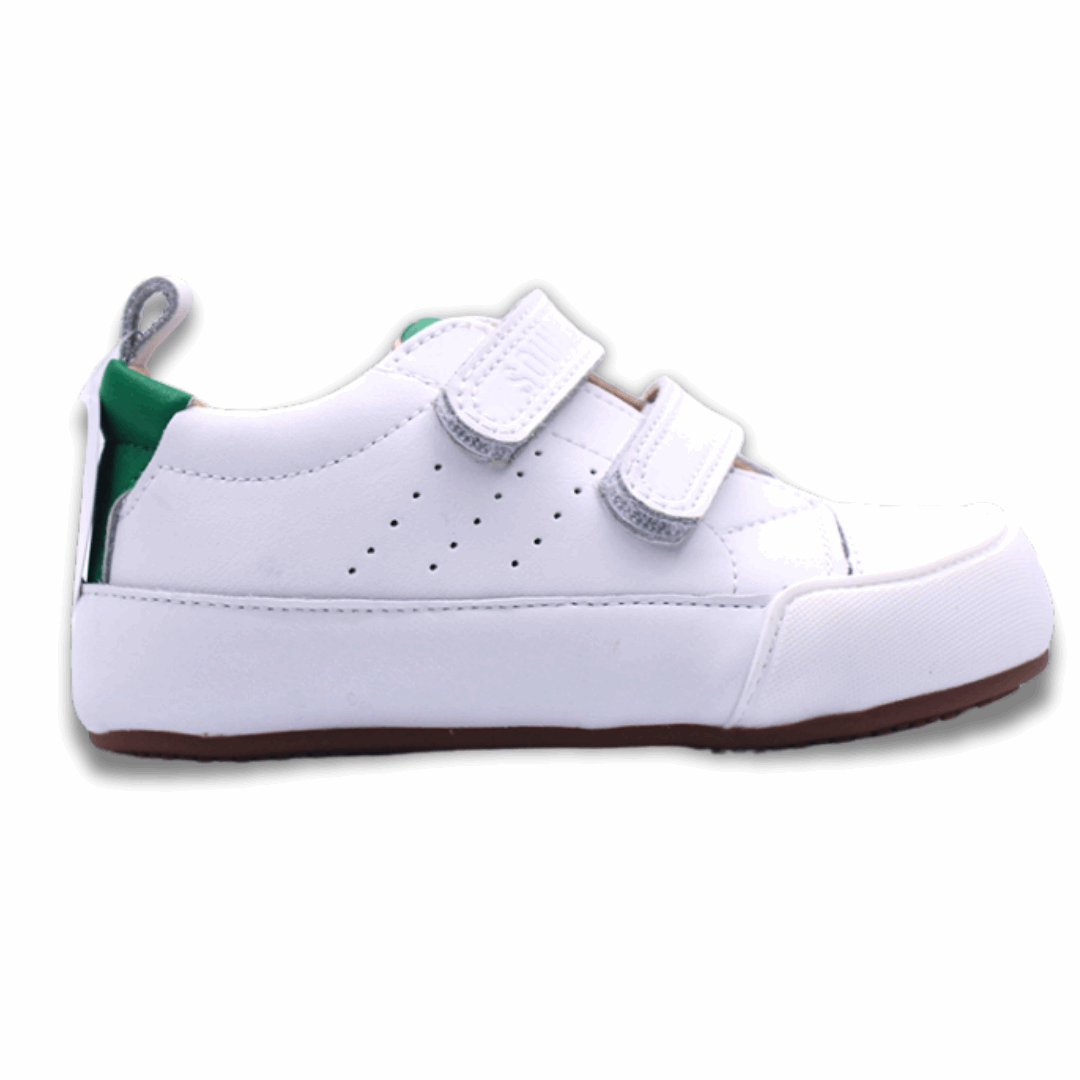 Zapatilla ergonómica barefoot Oasis cuero blanca talon verde tipo stan smith unisex vista Lateral.