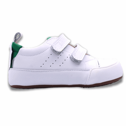 Zapatilla ergonómica barefoot Oasis cuero blanca talon verde tipo stan smith unisex vista Lateral.